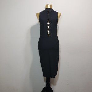 VENUS Black Peakaboo Bandage Mock Neck Dress